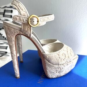 Alice + Olivia Lena Allover Ivory Lace Open Toe Ankle Strap Platform High Heels